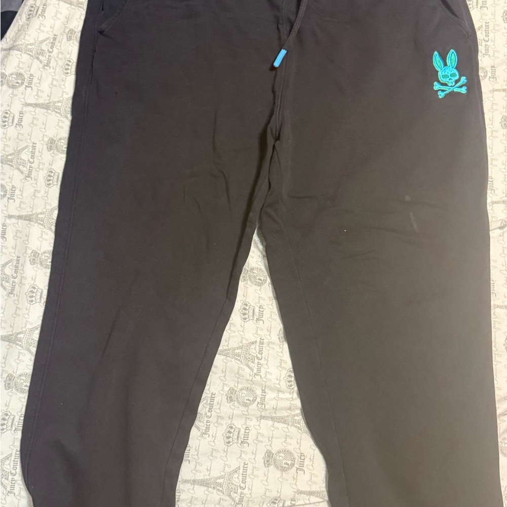 Psycho Bunny Black Sweatpants with Teal Bunny Skull Charm